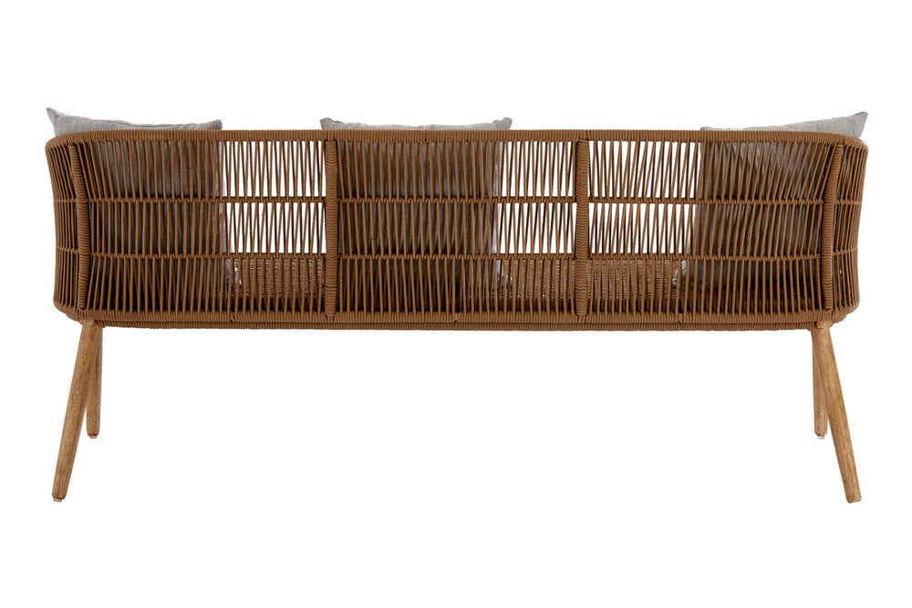 Three-seater sofa featuring a woven rope design with a natural wood frame and legs, showcasing a modern and stylish aesthetic suitable for home decor. The sofa has a spacious seating area and a distinctive backrest design, emphasizing its contemporary look