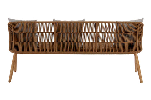 Three-seater sofa featuring a woven rope design with a natural wood frame and legs, showcasing a modern and stylish aesthetic suitable for home decor. The sofa has a spacious seating area and a distinctive backrest design, emphasizing its contemporary look