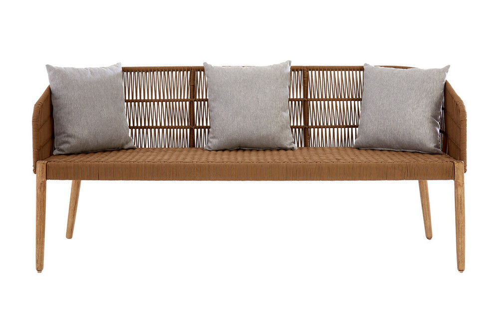 Three-seater sofa featuring a woven rope backrest and wooden frame, complemented by three light gray cushions with decorative patterns. The sofa has tapered wooden legs and a minimalist design, suitable for modern home decor