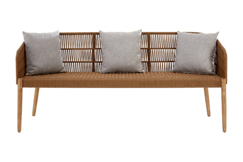 Three-seater sofa featuring a woven rope backrest and wooden frame, complemented by three light gray cushions with decorative patterns. The sofa has tapered wooden legs and a minimalist design, suitable for modern home decor