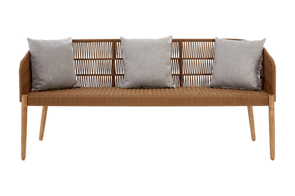 Three-seater sofa featuring a woven rope backrest and wooden frame, complemented by three light gray cushions with decorative patterns. The sofa has tapered wooden legs and a minimalist design, suitable for modern home decor