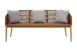 Three-seater sofa featuring a woven rope backrest and wooden frame, complemented by three light gray cushions with decorative patterns. The sofa has tapered wooden legs and a minimalist design, suitable for modern home decor