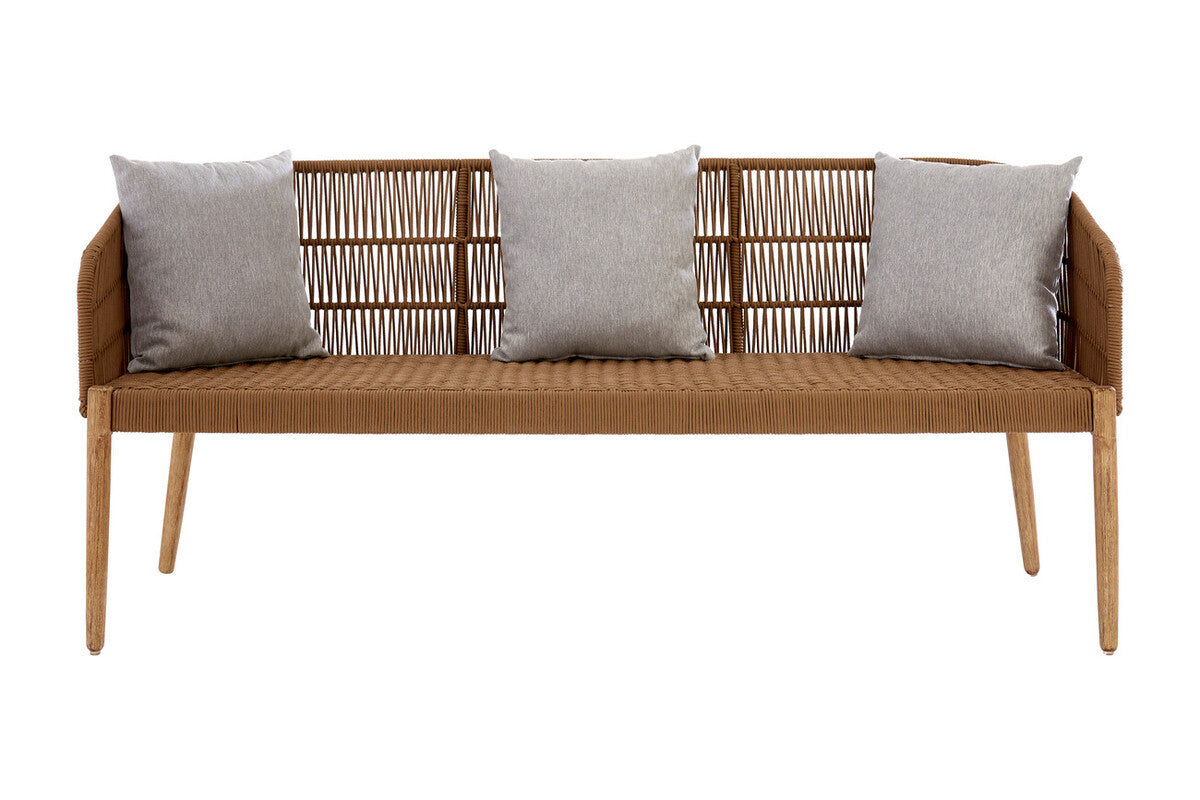 Three-seater sofa featuring a woven rope backrest and wooden frame, complemented by three light gray cushions with decorative patterns. The sofa has tapered wooden legs and a minimalist design, suitable for modern home decor