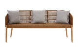 Three-seater sofa featuring a woven rope backrest and wooden frame, complemented by three light gray cushions with decorative patterns. The sofa has tapered wooden legs and a minimalist design, suitable for modern home decor