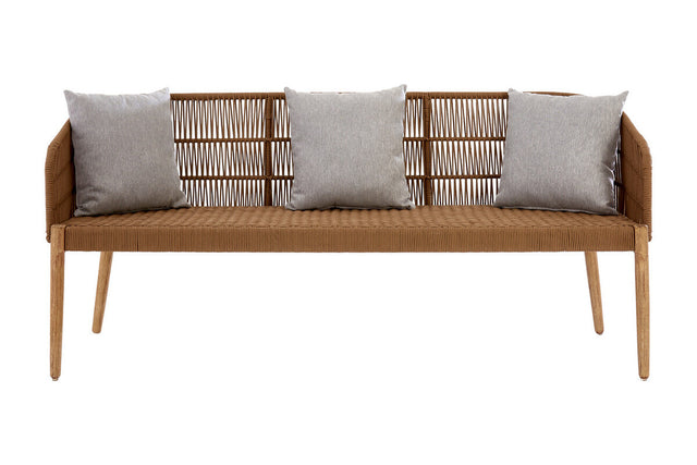 Three-seater sofa featuring a woven rope backrest and wooden frame, complemented by three light gray cushions with decorative patterns. The sofa has tapered wooden legs and a minimalist design, suitable for modern home decor