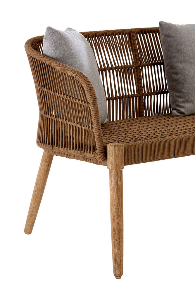 A three-seater sofa featuring a woven rope design with a sturdy wooden frame and tapered legs. The sofa includes two light gray cushions for added comfort, showcasing a modern and stylish aesthetic suitable for home decor