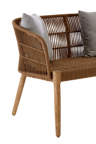 A three-seater sofa featuring a woven rope design with a sturdy wooden frame and tapered legs. The sofa includes two light gray cushions for added comfort, showcasing a modern and stylish aesthetic suitable for home decor