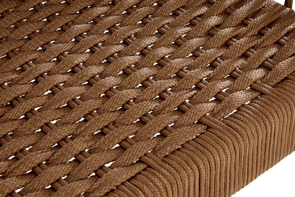 Close-up view of the woven rope texture on the seat of the Opus 3 Seater Woven Rope Sofa, showcasing intricate patterns in a warm brown color. The sofa features a sturdy frame with a smooth finish, highlighting the craftsmanship and design details