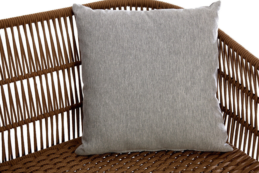 A close-up view of a gray cushion resting on the woven rope seat of the Opus 3 Seater Woven Rope Sofa, showcasing the intricate texture of the rope and the soft fabric of the cushion. The sofa features a modern design with a natural wood frame and a minimalist aesthetic