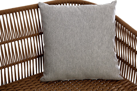A close-up view of a gray cushion resting on the woven rope seat of the Opus 3 Seater Woven Rope Sofa, showcasing the intricate texture of the rope and the soft fabric of the cushion. The sofa features a modern design with a natural wood frame and a minimalist aesthetic