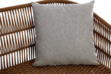 A close-up view of a gray cushion resting on the woven rope seat of the Opus 3 Seater Woven Rope Sofa, showcasing the intricate texture of the rope and the soft fabric of the cushion. The sofa features a modern design with a natural wood frame and a minimalist aesthetic