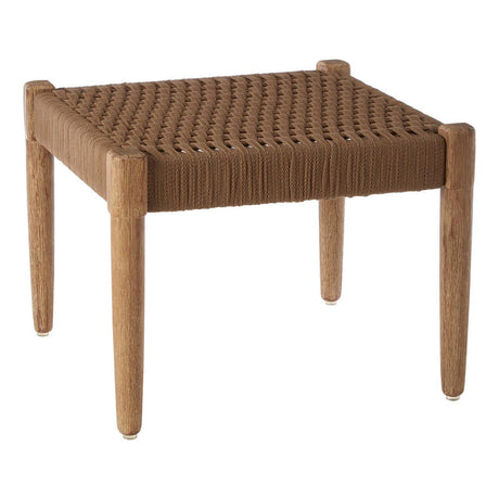 Square footstool with a woven rope top and four wooden legs, featuring a natural wood finish and a textured surface