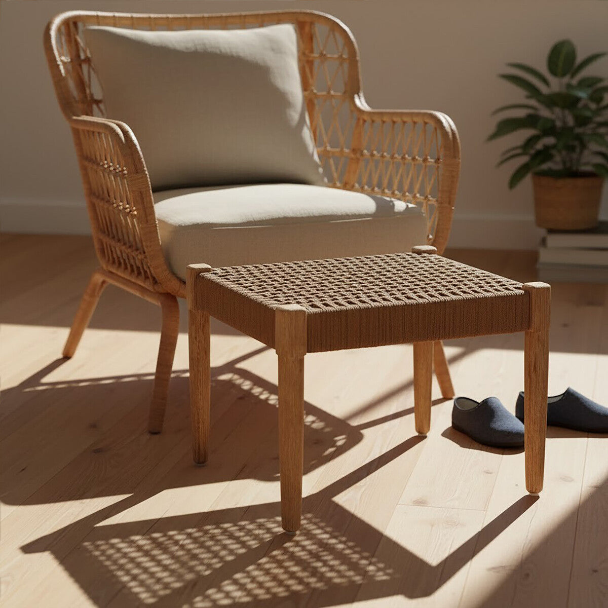 Woven rope footstool in a natural finish, placed next to a light-colored armchair with a beige cushion. The footstool features a square design with a textured surface, and the scene is illuminated by soft, natural light, highlighting the wooden floor and a small potted plant in the background. A pair of dark slippers is positioned beside the footstool