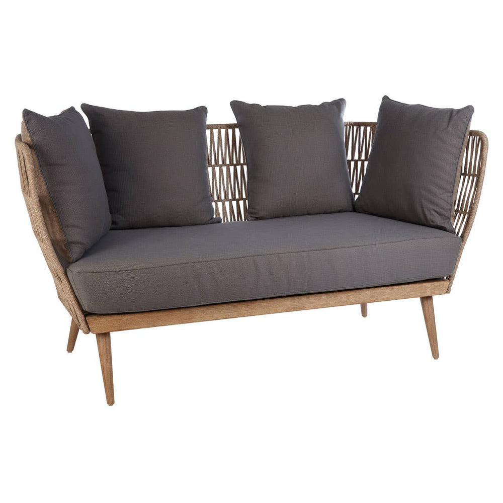 Woven rope two-seater sofa featuring a light wooden frame and four grey cushions, designed with a modern aesthetic and comfortable seating. The backrest has a unique woven pattern, and the sofa stands on tapered wooden legs