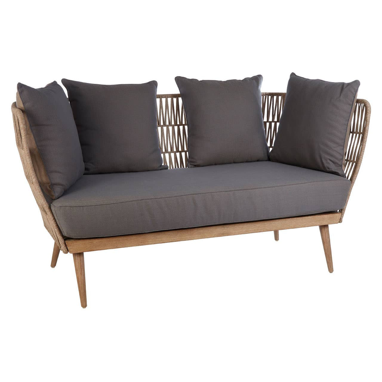Woven rope two-seater sofa featuring a light wooden frame and four grey cushions, designed with a modern aesthetic and comfortable seating. The backrest has a unique woven pattern, and the sofa stands on tapered wooden legs