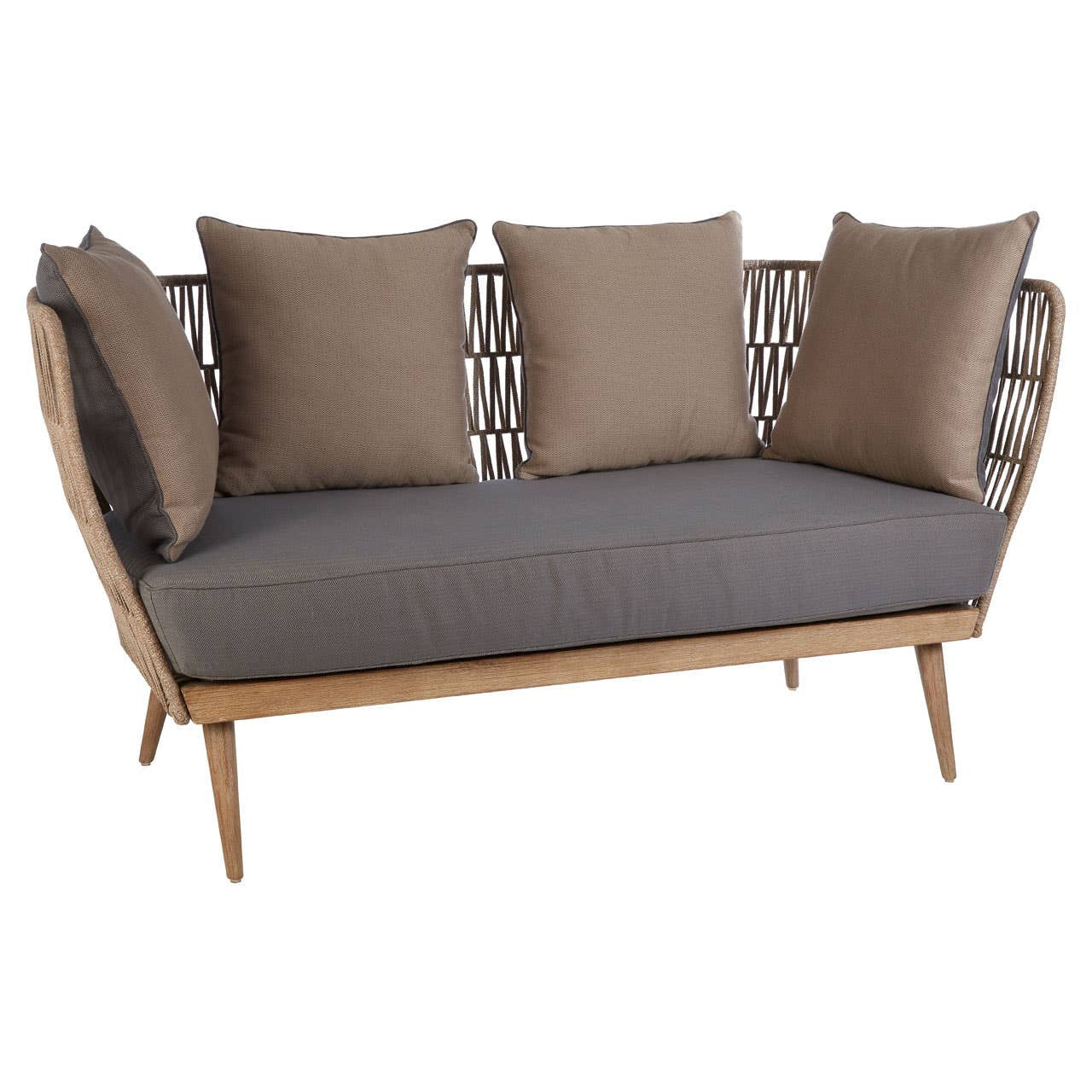 Two-seater sofa featuring a woven rope backrest, complemented by four plush grey cushions and a dark grey seat cushion, supported by wooden legs. The design combines modern aesthetics with a cozy feel, suitable for indoor or outdoor use