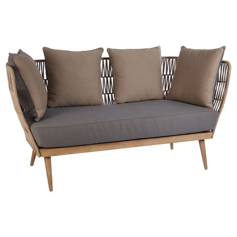 Two-seater sofa featuring a woven rope backrest, complemented by four plush grey cushions and a dark grey seat cushion, supported by wooden legs. The design combines modern aesthetics with a cozy feel, suitable for indoor or outdoor use