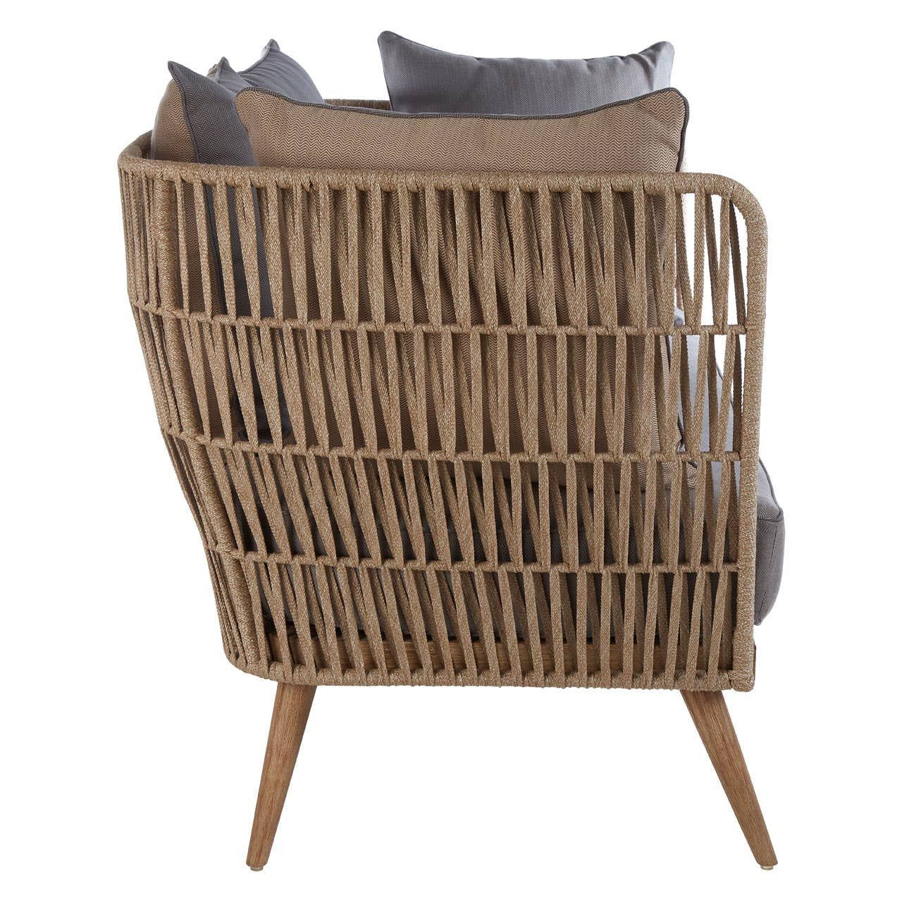 Woven rope two-seater sofa featuring a curved backrest and natural wood legs, complemented by two grey cushions resting on the seat. The design showcases a modern aesthetic with a textured, open weave pattern
