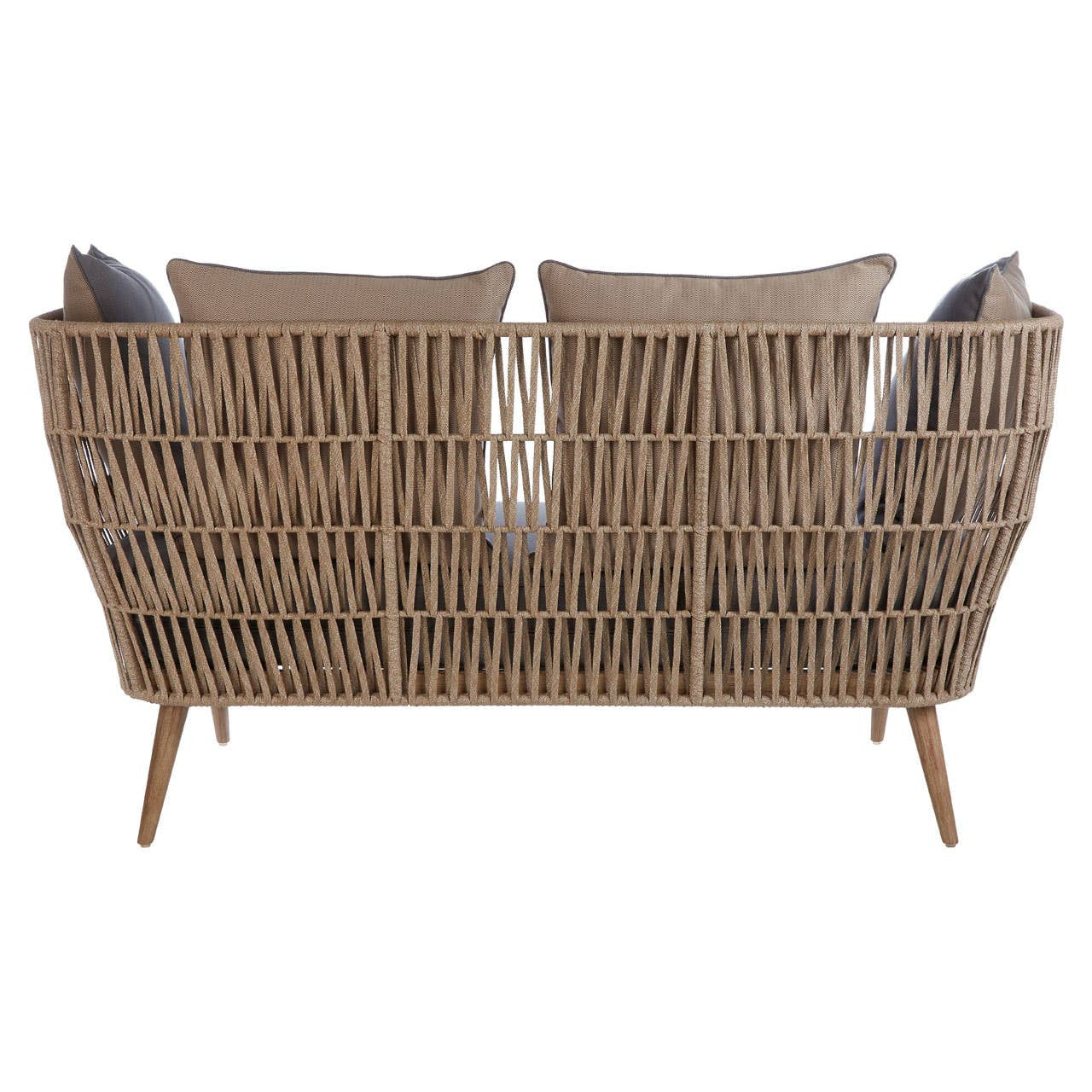 Woven rope two-seater sofa featuring a natural finish and four grey cushions, supported by wooden legs. The backrest showcases a distinctive woven design, adding texture and style to the piece