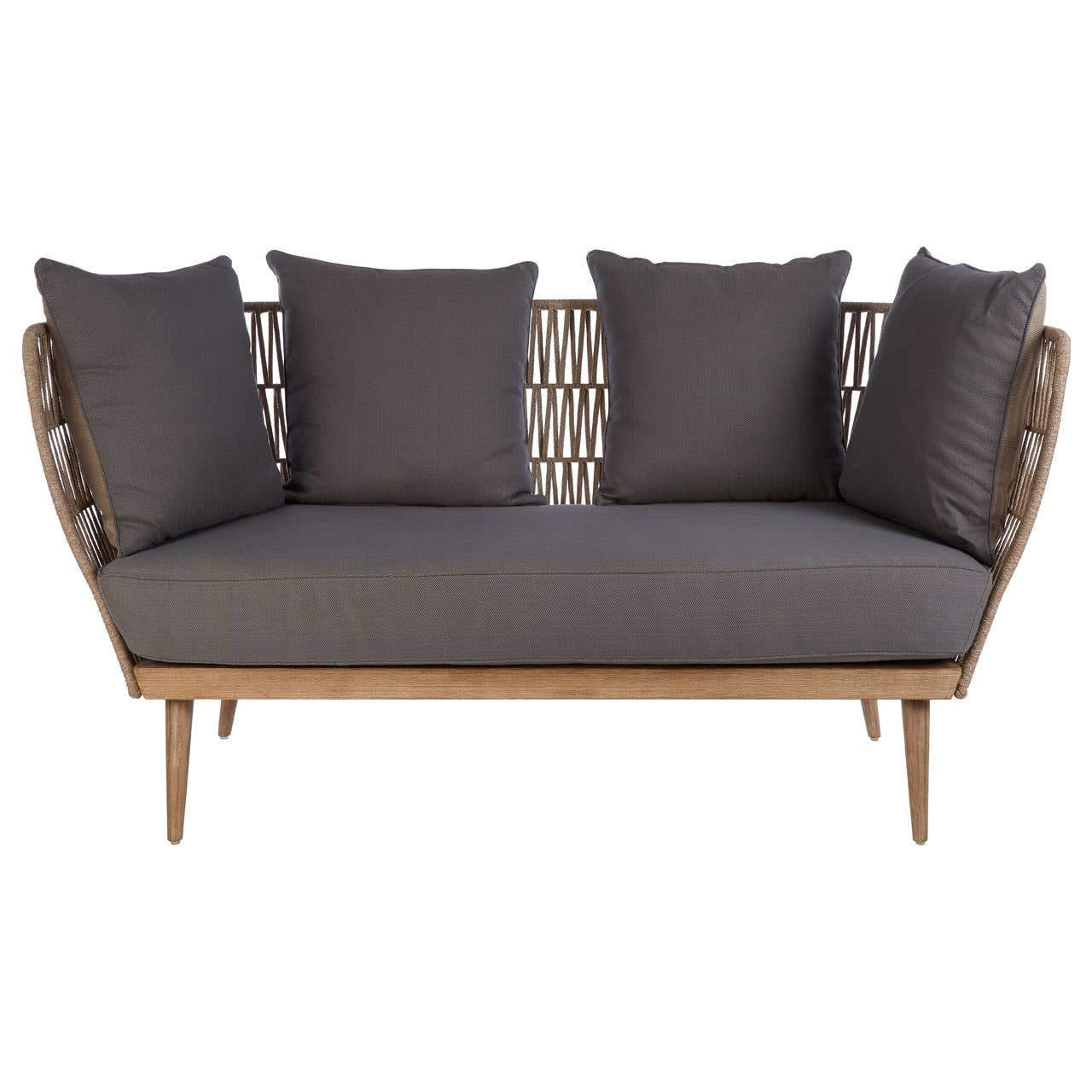 Two-seater sofa featuring a woven rope backrest and wooden legs, upholstered with grey cushions. The sofa has a minimalist design with four plush cushions arranged along the back for added comfort