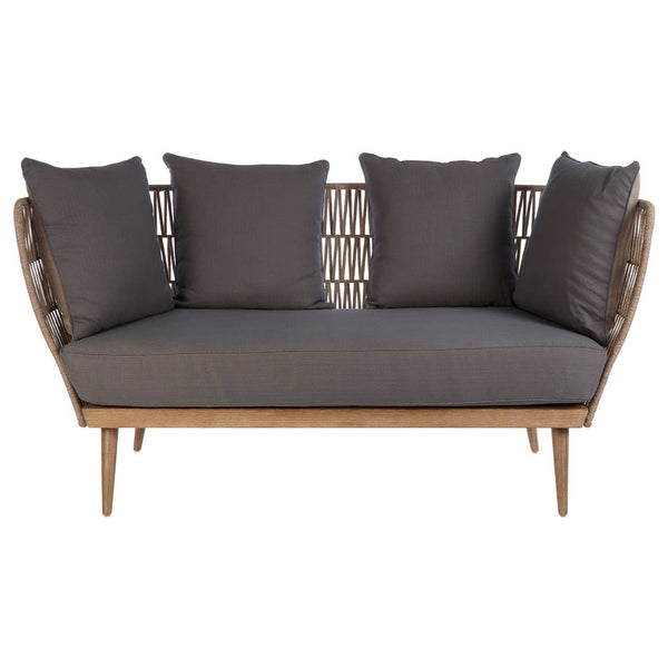 Two-seater sofa featuring a woven rope backrest and wooden legs, upholstered with grey cushions. The sofa has a minimalist design with four plush cushions arranged along the back for added comfort
