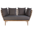 Two-seater sofa featuring a woven rope backrest and wooden legs, upholstered with grey cushions. The sofa has a minimalist design with four plush cushions arranged along the back for added comfort
