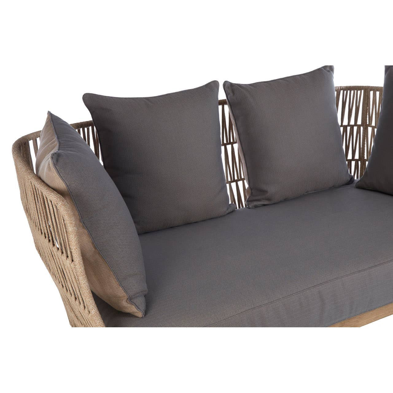 A two-seater sofa featuring a woven rope design with a light brown frame and four dark grey cushions. The cushions are plush and arranged on a smooth, grey seat cushion, providing a modern and cozy look suitable for indoor or outdoor settings