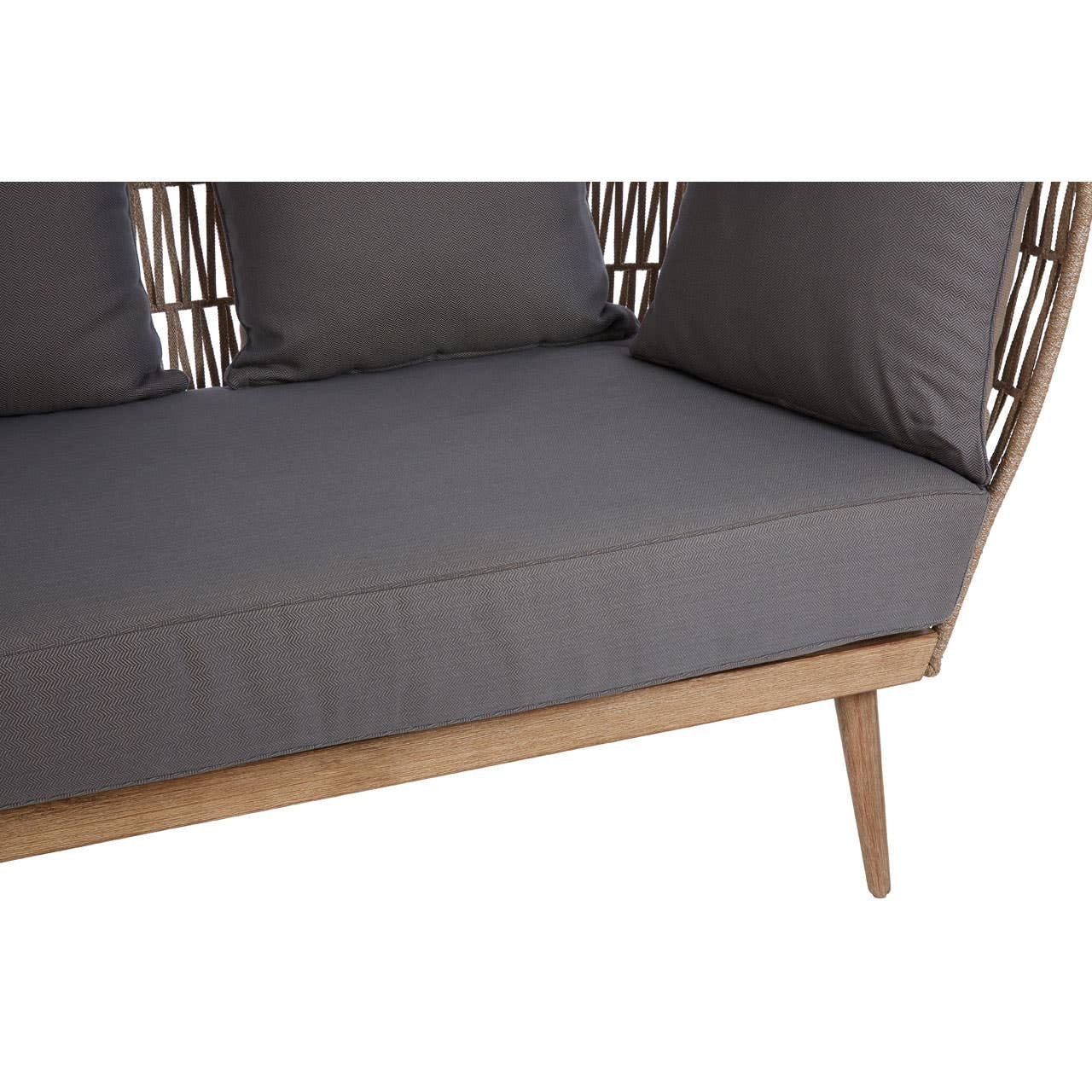 Woven rope two-seater sofa featuring a wooden frame and grey cushions, with a sleek design and tapered legs. The cushions are plush and provide a comfortable seating area, while the woven rope detailing adds a stylish touch
