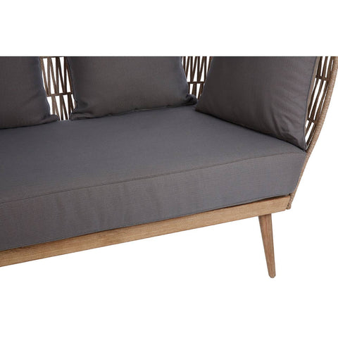 Woven rope two-seater sofa featuring a wooden frame and grey cushions, with a sleek design and tapered legs. The cushions are plush and provide a comfortable seating area, while the woven rope detailing adds a stylish touch