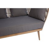 Woven rope two-seater sofa featuring a wooden frame and grey cushions, with a sleek design and tapered legs. The cushions are plush and provide a comfortable seating area, while the woven rope detailing adds a stylish touch