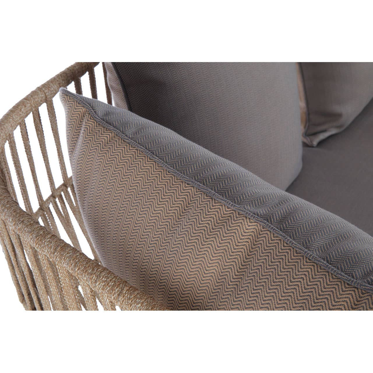 Woven rope structure of a two-seater sofa featuring plush grey cushions. The close-up view highlights the texture of the rope and the softness of the cushions, showcasing a modern and cozy design suitable for home decor