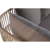 Woven rope structure of a two-seater sofa featuring plush grey cushions. The close-up view highlights the texture of the rope and the softness of the cushions, showcasing a modern and cozy design suitable for home decor