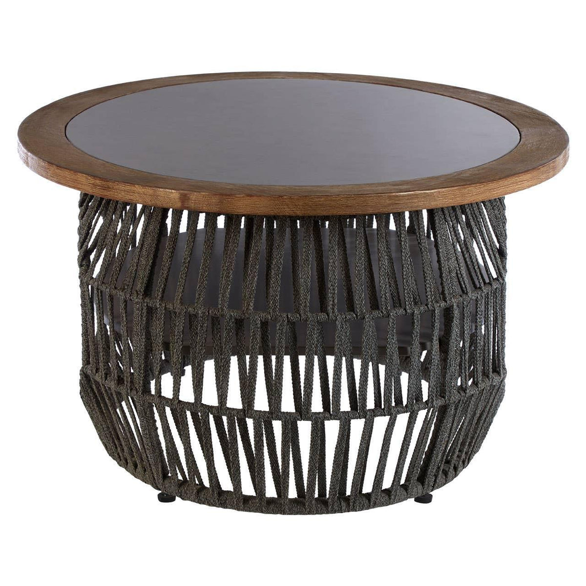 Round coffee table with wood top and black woven rope base, modern living room furniture