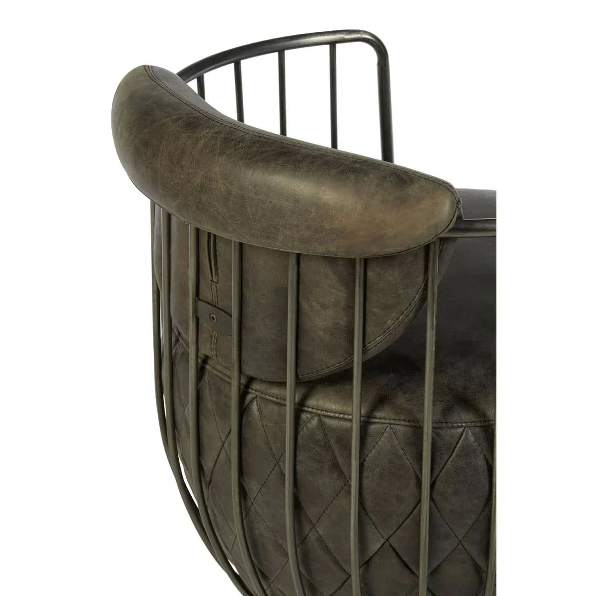 Black leather accent chair with curved metal backrest and diamond stitched detailing