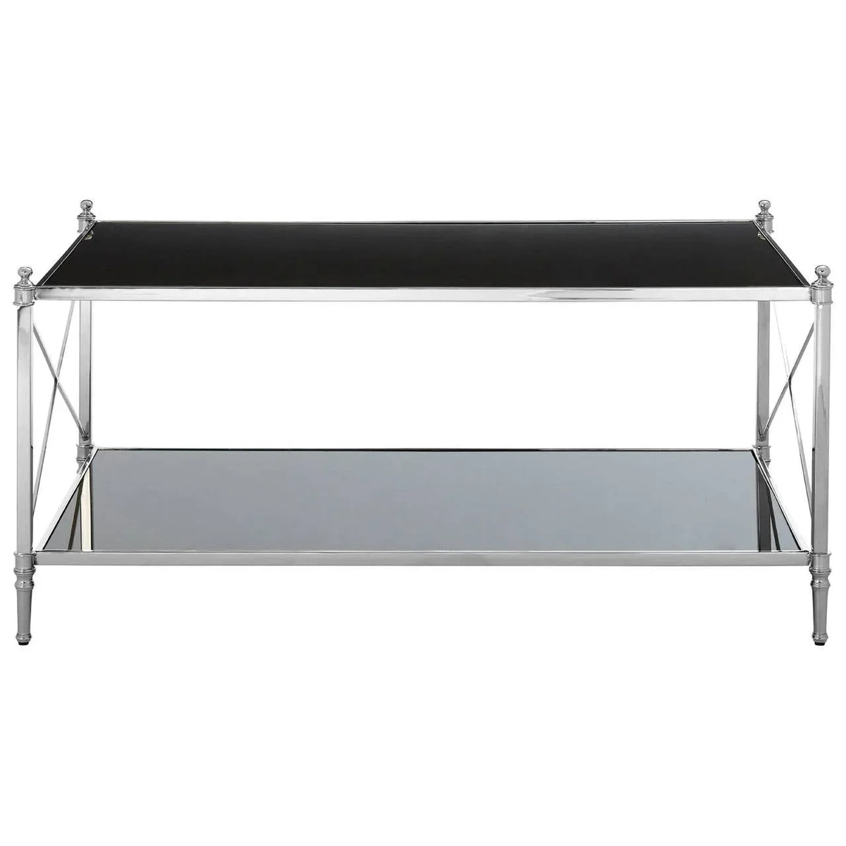 Rectangular glass coffee table with chrome metal frame and lower mirrored shelf, front view