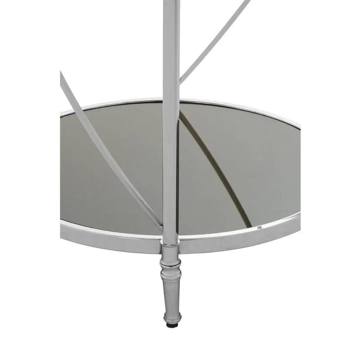 Round glass side table bottom shelf with chrome frame and decorative metal leg