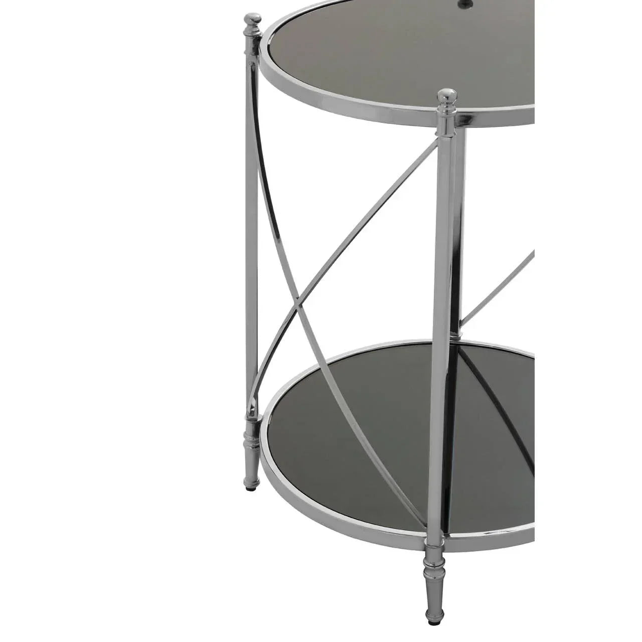Round chrome side table with black glass shelves and cross leg detail