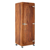 Tall cabinet made of tropical rose wood with a rich, warm finish. The cabinet features a single door with a sleek metal handle and is mounted on small wheels for easy mobility. The design showcases the natural wood grain, adding a touch of elegance to any room