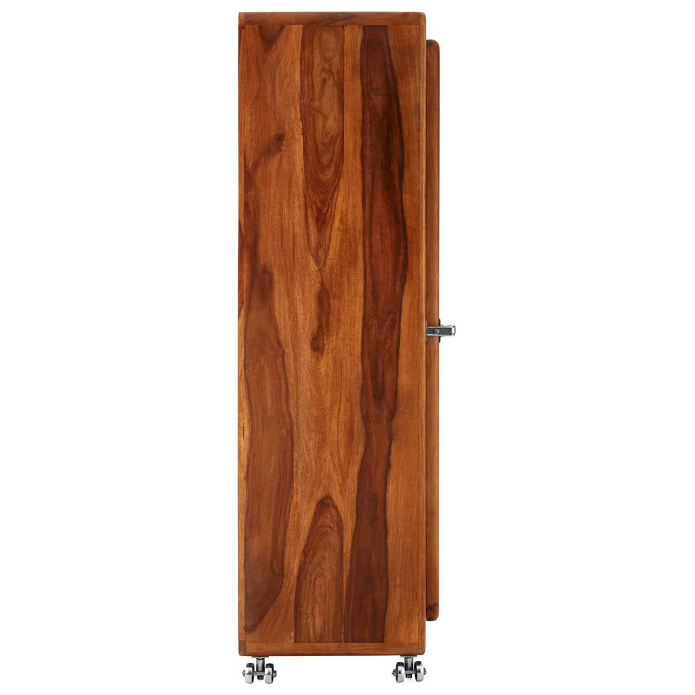 Tall cabinet made of tropical rose wood featuring a smooth, rich brown finish with visible wood grain patterns. The cabinet has a sleek design and is mounted on small wheels for easy mobility