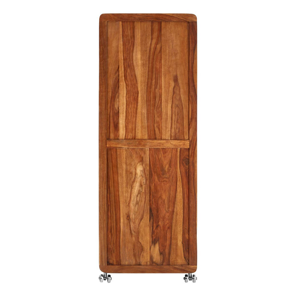 Tall cabinet made of tropical rose wood featuring a smooth, natural wood grain finish. The cabinet has two vertically aligned doors with a minimalist design and is supported by small metal legs. The overall color is a warm, rich brown