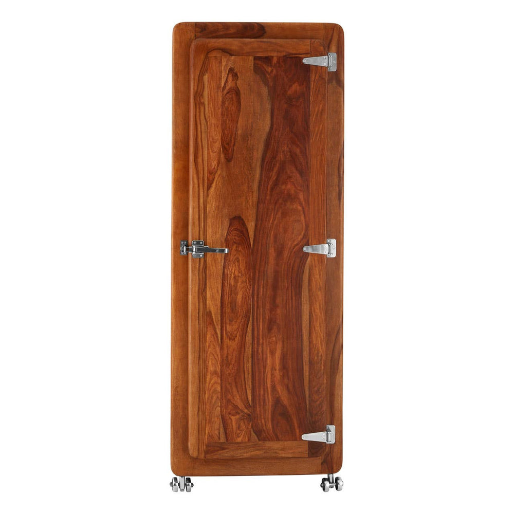 Tall cabinet made of tropical rose wood featuring a rich, warm brown finish. The cabinet has a sleek design with two doors, each adorned with modern metal handles and hinges. The surface showcases the natural grain of the wood, adding texture and character. The cabinet stands on small, sturdy feet