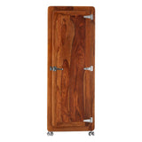 Tall cabinet made of tropical rose wood featuring a rich, warm brown finish. The cabinet has a sleek design with two doors, each adorned with modern metal handles and hinges. The surface showcases the natural grain of the wood, adding texture and character. The cabinet stands on small, sturdy feet