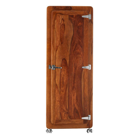 Tall cabinet made of tropical rose wood featuring a rich, warm brown finish. The cabinet has a sleek design with two doors, each adorned with modern metal handles and hinges. The surface showcases the natural grain of the wood, adding texture and character. The cabinet stands on small, sturdy feet