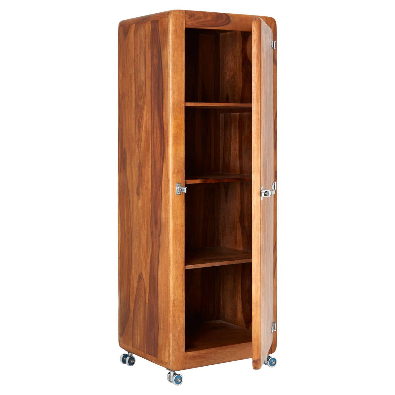 Tall cabinet made of tropical rose wood featuring a natural wood grain finish, a single door, and three open shelves inside. The cabinet is mounted on small wheels for easy mobility