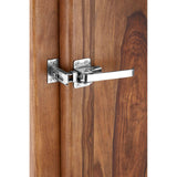 Close-up view of a chrome latch on a tall cabinet made from tropical rose wood, showcasing the rich wood grain and warm tones of the cabinet's surface