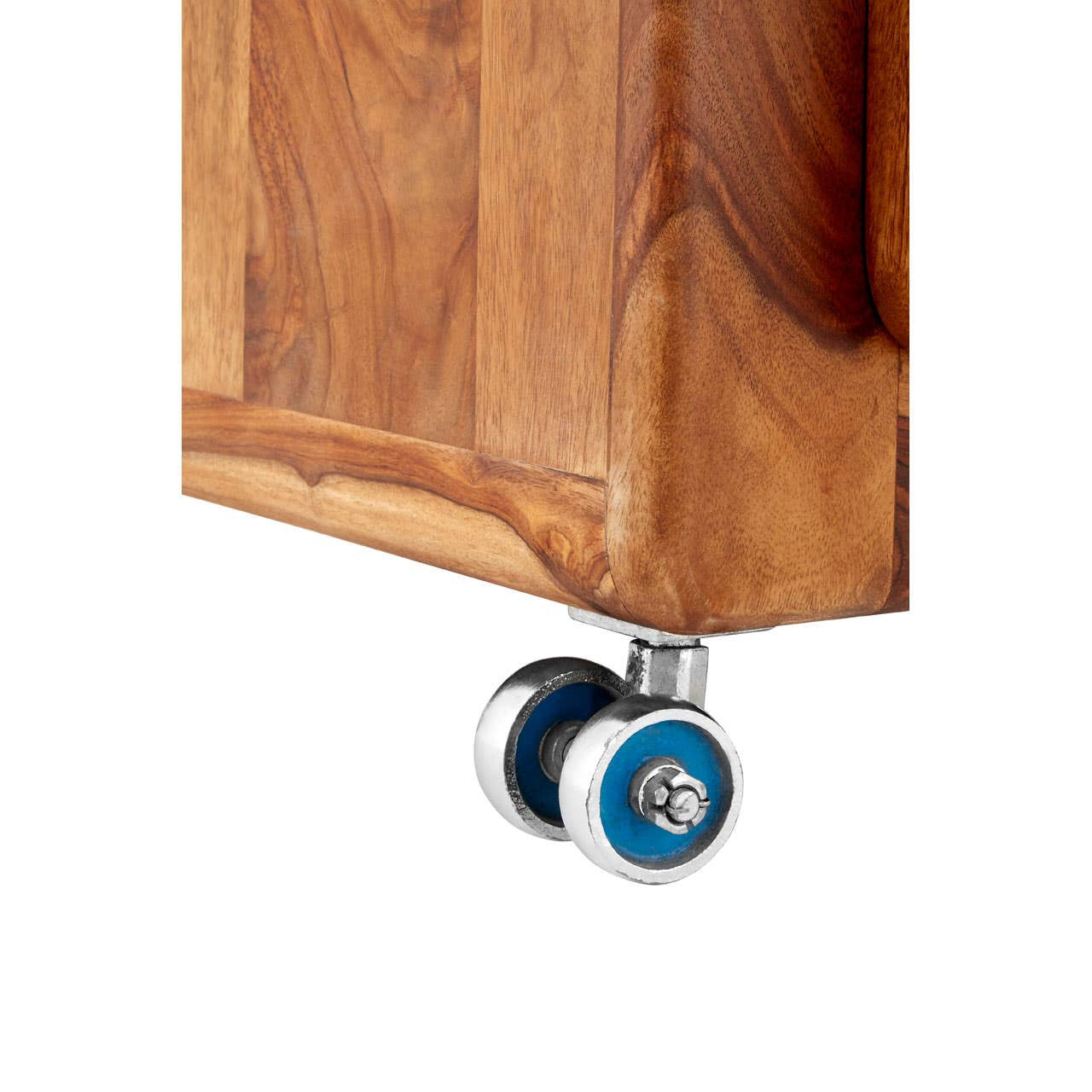 Close-up view of the base of a tall cabinet made from tropical rose wood, featuring a smooth wooden surface and a chrome wheel with a blue accent for easy mobility