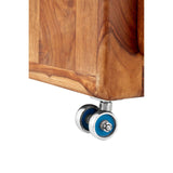 Close-up view of the base of a tall cabinet made from tropical rose wood, featuring a smooth wooden surface and a chrome wheel with a blue accent for easy mobility