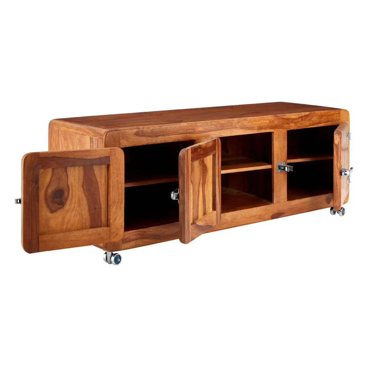 Solid wood TV unit with three open cabinet doors and shelving on metal castor wheels