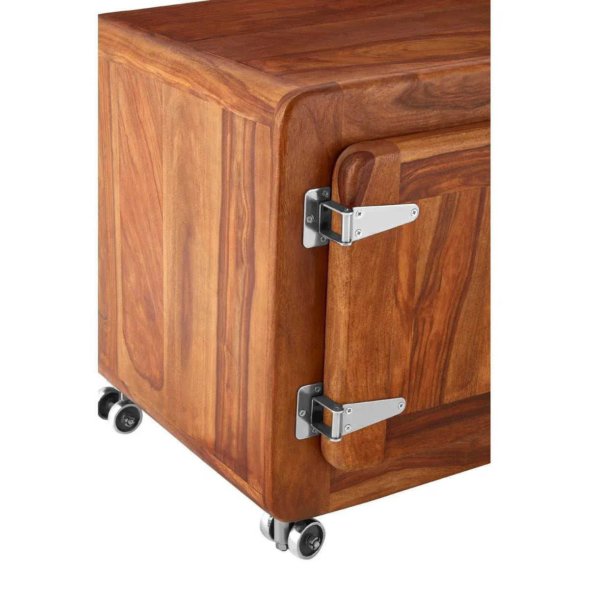 Wooden storage cabinet on wheels with metal hinges and corner detail