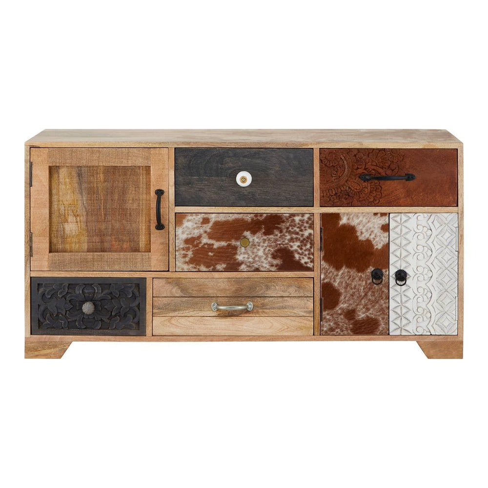 Eclectic Cowhide and Carved Wood Sideboard